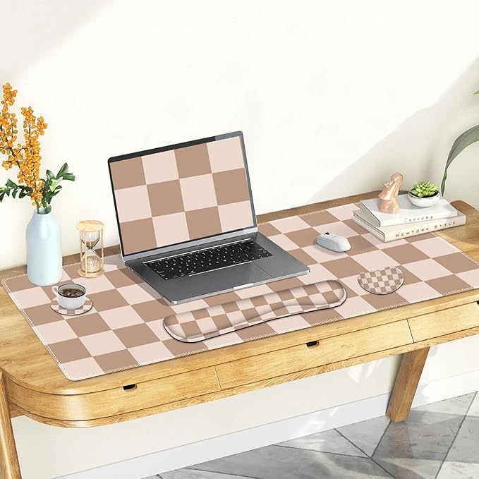 Beige Khaki Checkered Mouse Pad Set 4 in1 Large Gaming Ergonomics Keyboard Desk Mat with Memory Foam Wrist Rest Extended Game Mousepad Non-Slip Desk Pad Matt Easy Typing Pain Relief