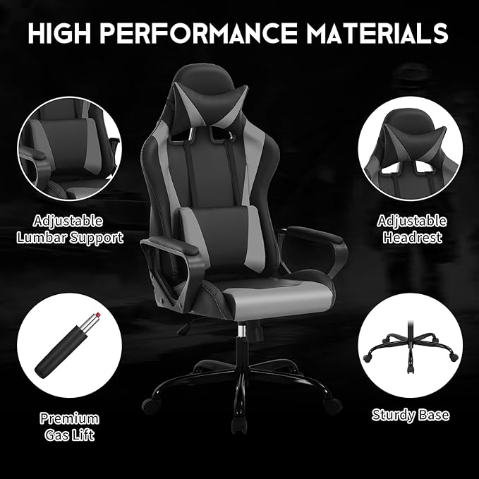 Ergonomic Gaming Chair Home Office Desk Chair with Headrest and Lumbar Support for Adults Height Adjustable Computer Chairs Pu Leather 360° Swivel High-Back Grey