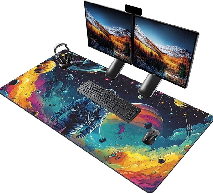 Extra Large Gaming Mouse Pad 48x24 Non-Slip Rubber Base Galaxy Astronaut Space Mouse Pad Waterproof Keyboard Mat with Stitched Edges for Work Game Office Desk