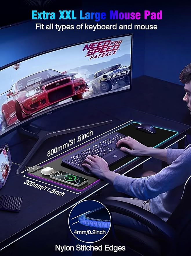 Mouse Pad with Magnetic Wireless Charging Large Desk Pad Protector RGB Black Mousepad Desk Mat with 15W Fast Charger 4mm Thick Non-Slip Waterproof Laptop Writing Pad for Office Home Gaming