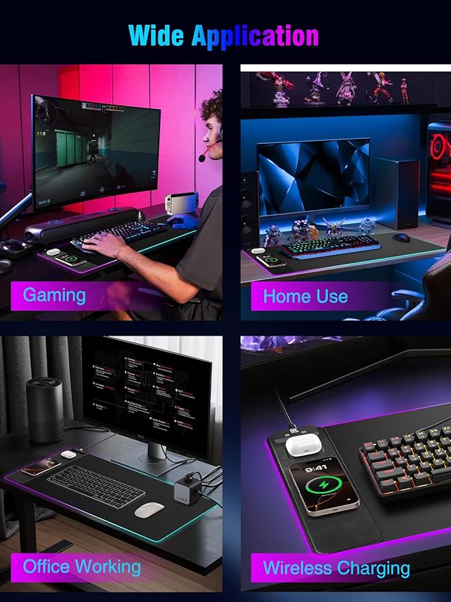 Mouse Pad with Magnetic Wireless Charging Large Desk Pad Protector RGB Black Mousepad Desk Mat with 15W Fast Charger 4mm Thick Non-Slip Waterproof Laptop Writing Pad for Office Home Gaming