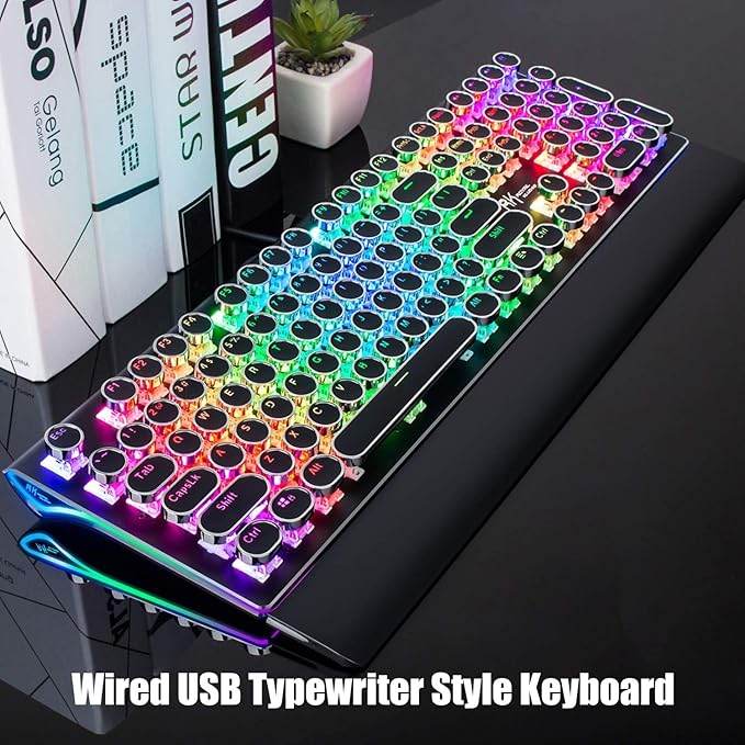 RK ROYAL KLUDGE S108 Typewriter Style Mechanical Gaming Keyboard with RGB Backlit Wired PC Game Keyboard Full Size with Detachable Wrist Rest and Number Pad Retro Round Keycaps Red Switches Black