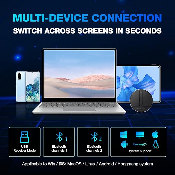 Stylish Mini Round Mouse with Pressure Sensing Reel Ultra Portable Wireless Mouse Connectivity: Wired 2.4G and Dual Bluetooth Rubber Case Included (BT1/BT2-Black)