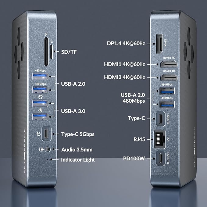DisplayLink Docking Station with Dual Display 2 HDMI Ports and 1 DisplayPort for Double 4K Display Laptop 15 in 1 Docking Station with 100W PD Charging SD/TF 1 USB-C 6 USB-A Ports 3.5mm Audio