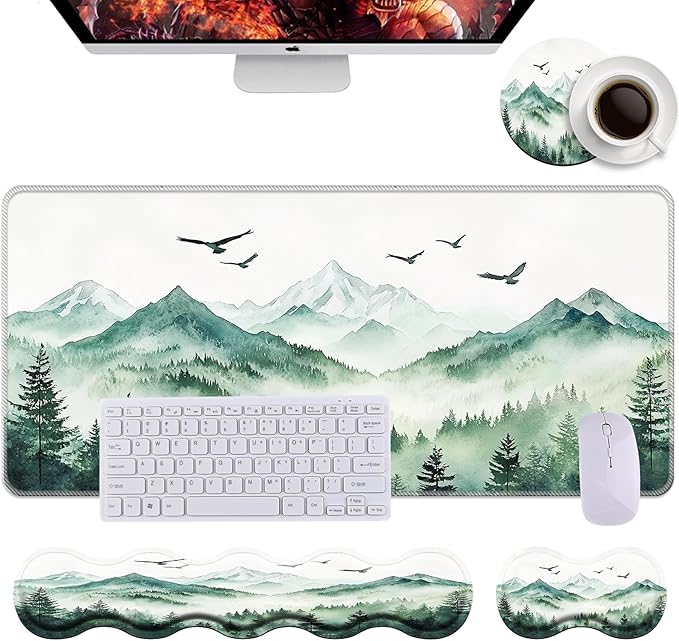 Keyboard Wrist Rest+Mouse Wrist Pad+Desk Pad SetMemory Foam Ergonomic Easy Typing Pain Relief for Computer Laptop Office Home - Misty Forest