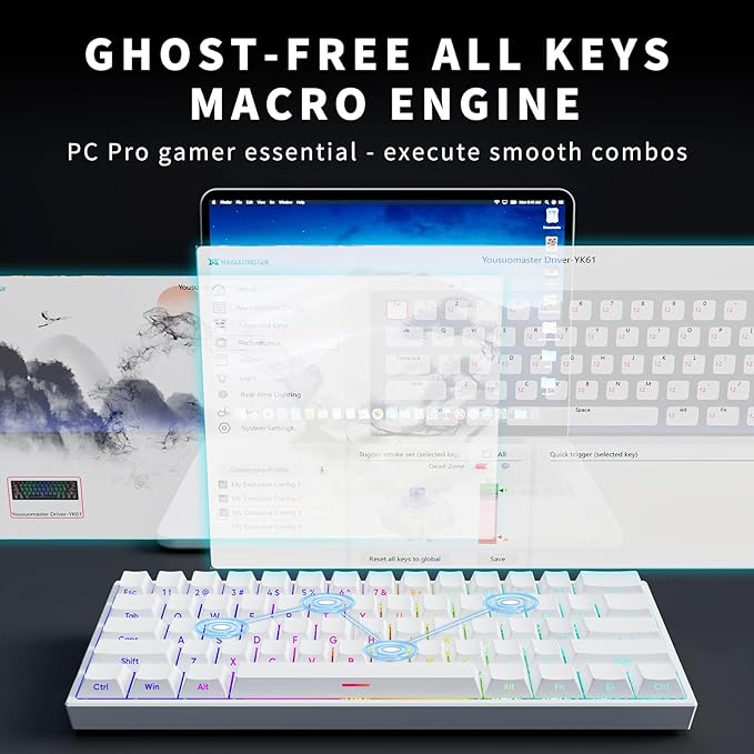 Mini 60% Mechanical Gaming Keyboard Wired YK61 Hall Effect Magnetic Switch Adjustable Actuation Rapid Trigger Mode 8K Hz Polling Rate Hot-Swap 61 Keys RGB Backlit Side Printed PBT Keycaps (White)