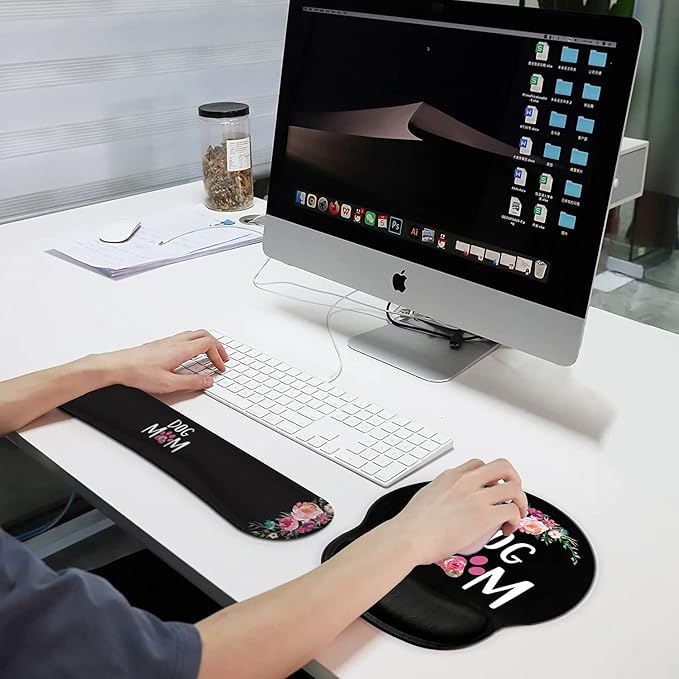 Ergonomic Mouse Pad Wrist Support Gel and Keyboard Wrist Rest Set for Laptop Mac Gaming and Office Durable Comfortable and Pain Relief + Coaster Dog Mom Floral Design