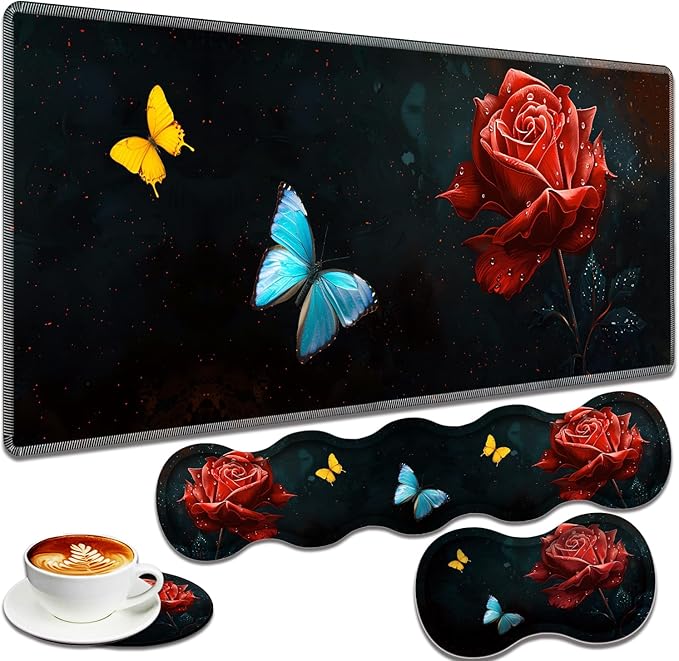 Large Gaming Mouse Pad + Keyboard Wrist Rest + Wrist Support + Coaster Set Memory Foam Ergonomic for Easy Typing XXL Extended Gaming Mouse Pad Table Pad - Starry Red Rose