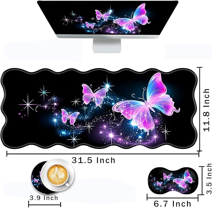 Mouse Pad with Wrist Support + Desk Mat + Coaster 3 in 1 Set XL Large Gaming Mousepad Ergonomic Mouse Pads for Desk Computer Laptop OfficeGlowing Night Pink Butterflies