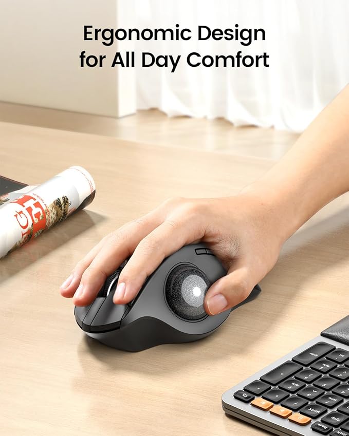 ProtoArc Wireless Trackball Mouse EM01 NL Ergonomic Bluetooth Rollerball Thumb Rechargeable Computer Laptop Mouse Adjustable Angle &amp 3 Device Connection for PC Mac Windows-Gray Ball