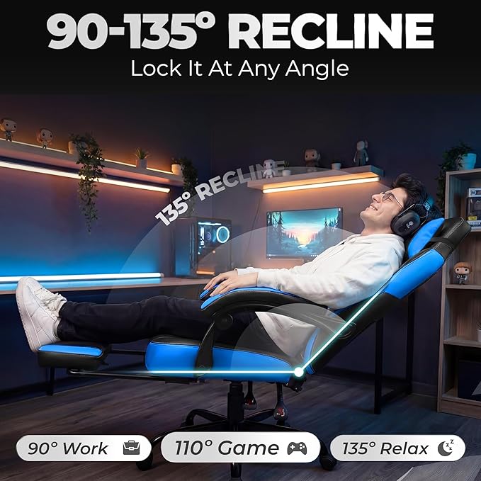 N-GEN GAMING Video Gaming Chair Big and Tall Office Computer Desk Chairs with Ergonomic Lumbar Support High Back Recliner and Footrest for Adults (Blue)