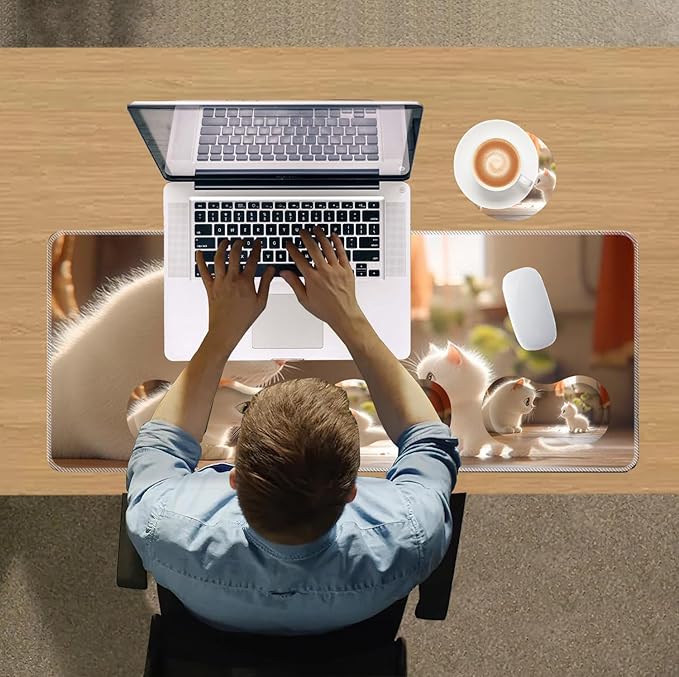 Large Mouse Pad Wrist Support SetDesk Pad+Keyboard Wrist Rest+Mouse Pad Wrist Support+Coaster4in1 XXL Big MousepadErgonomic Design Gaming Mat for Home Office TableCute White Cat