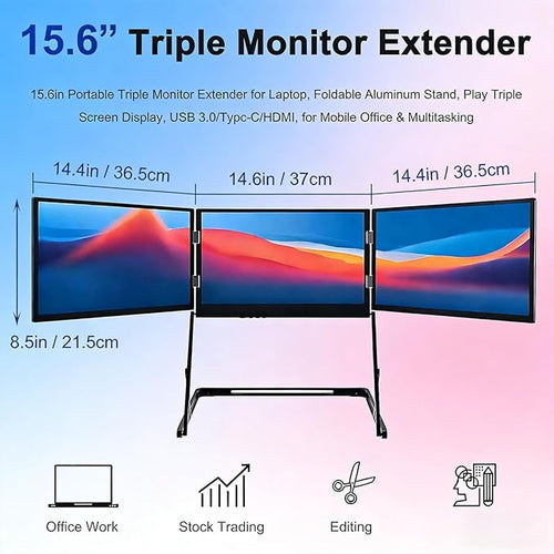 15.6 Laptop Screen Extender Monitor Portable Quad Monitor Just 1 Cable for 3 Screens FHD 1080P IPS Laptop Extender Compatible with Wins/Mac for 13.6 - 17.3 Laptops