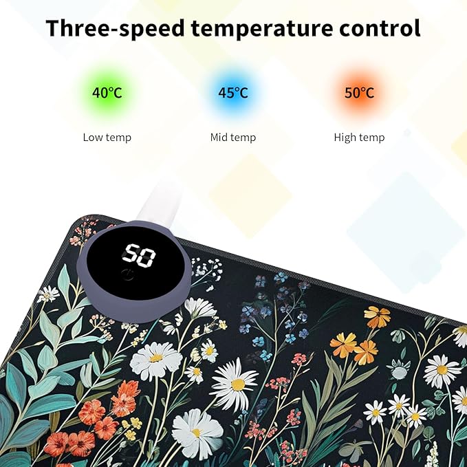 Warm Desk Pad Warm Mouse Pad Gaming Office Desk Matwith 3 Levels Heated &amp 3 Hours Auto Shut - 23.6 x 14.2 inch PU Leather Laptop Keyboard Mat for Home Office Hand WarmerCute Black Flower