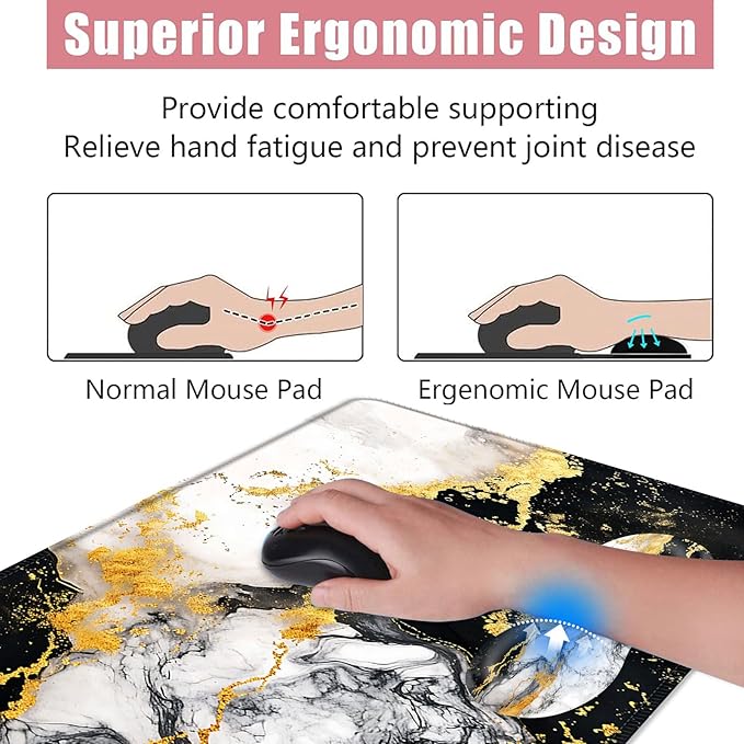 Large Keyboard Mouse Pad Set Extended Mouse Pad+Keyboard Wrist Rest Support Memory Foam Ergonomic Easy Typing 4Pcs (31.5×11.8 in) Desk Pad Set for Office HomeBlack and White Gold Marble