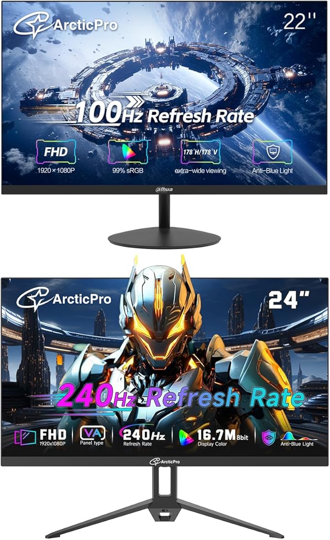 ArcticPro Gaming Monitor 100Hz 240Hz FHD 1080p 1ms Adaptive sync 3000:1 Contrast PC Monitor 3-Sided Frameless Ultra Slim 120% sRGB Bluelight Filter