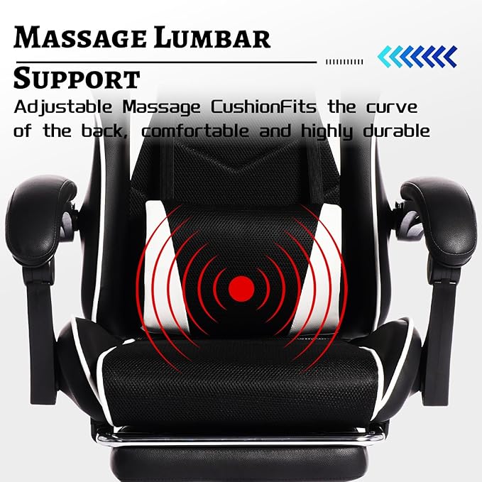 Gaming Chair with Massage for Adults Ergonomic PC Computer Chair with Footrest Comfortable Headrest and Lumbar Support PU Leather Recliner Swivel Rocker Height Adjustable (Black White)