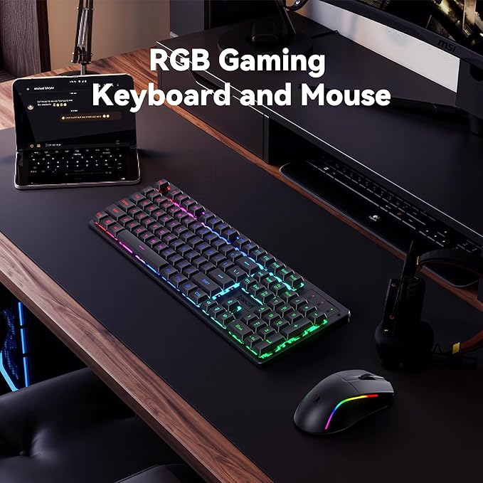 Redragon S107KS Wireless Gaming Keyboard and Mouse RGB Backlit 3 Mode (Wired/2.4G/BT) Up to 10000 DPI Gaming Mouse with Software Ultra Lightweight 65g 25 Key Anti-Ghosting Keyboard for PC