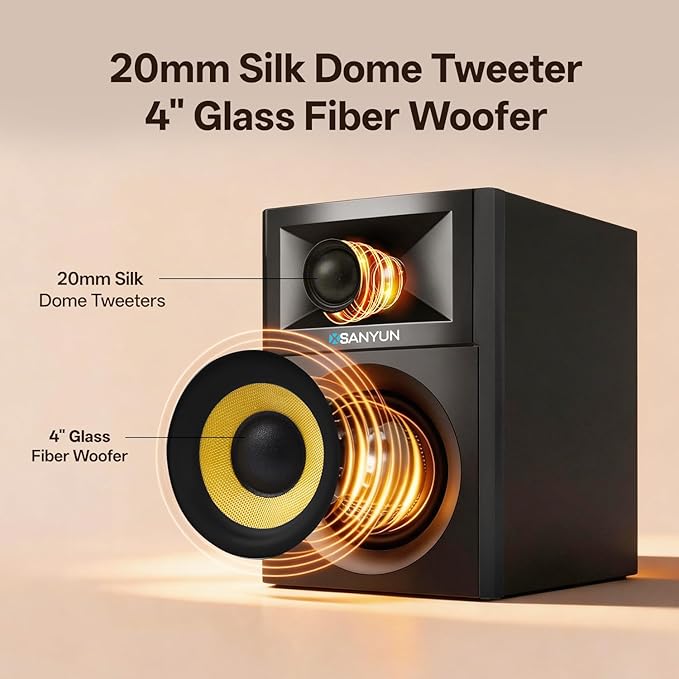 Sanyun SW205 80W Powered Bookshelf Speakers with 3D Soundstage | Precision DSP Spatial Audio &amp Geometric Cabinet | 4 Glass Fiber Woofer Optical/Bluetooth 5.4/AUX Wireless Remote (Pair Black)