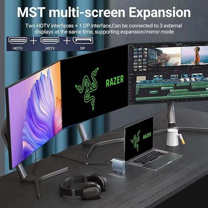 Docking Station for Razer Blade 18 17 16 15 14 Pro 17 Gaming Laptop 15-in-1 USB C with 360 ° Rotating Base 2 * 4K HDMI and 1*DP 10Gbps USB Port Transfer RJ45 Audio