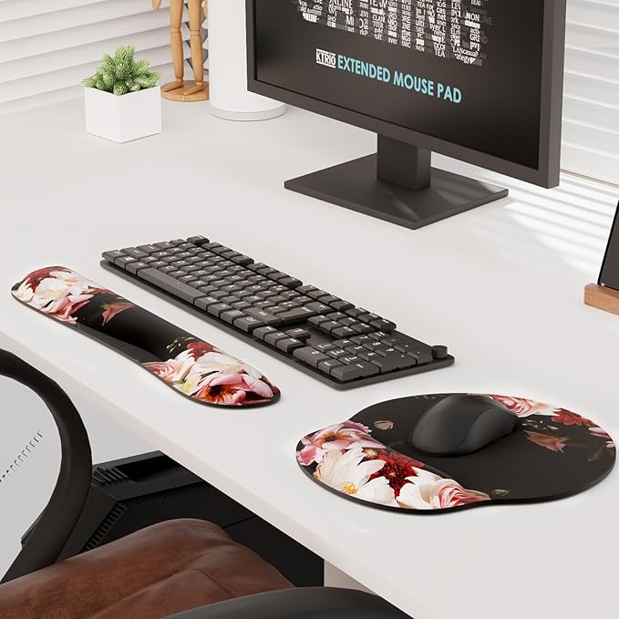 KTRIO Ergonomic Keyboard Wrist Rest Memory Foam Mouse Pad with Wrist Rest for Computer Keyboard Mouse Pad Set for Easy Typing &amp Pain Relief for Office &amp Home Peony Flower