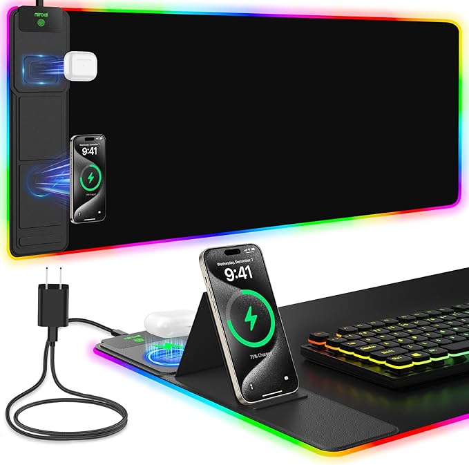 Mouse Pad with Foldable Phone Holder &amp Wireless Charger XXL RGB Gaming Mousepad 31.5x15.8 Large Desk Mat for Keyboard Black Desk Pad with Dual Qi Charging Station | 11 Colors 5 Modes | Waterpr