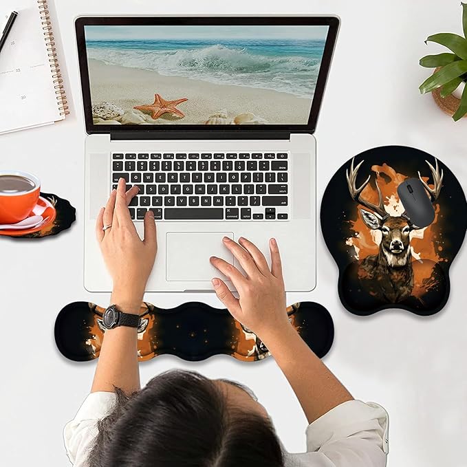 Mouse Wrist Rest and Keyboard Wrist Rest Pad+ Coaster Set Non-Slip Rubber Base Smooth Surface Ergonomic Gaming Mouse Pad for Easy Typing and Pain Relief Camo Tree Deer