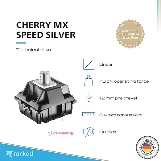 Ranked Cherry MX Key Switches for Mechanical Gaming Keyboards | Plate Mounted | MX1A51NN (Cherry Speed Silver 120 Pcs)