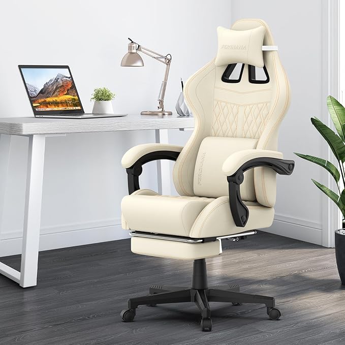 Ferghana Vintage PU Leather Gaming Chair Ergonomic Gamer Chair with Massage High Back Computer Office Chair with Footrest for Adults Racing Style Reclining Video Game Chair (Beige)
