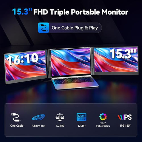 15.3 Laptop Screen Extender Portable One Cable Connection Double Laptop Monitor FHD 1080P IPS Ultra Thin Dual Monitor for 13-17 Laptops Plug&ampPlay Compatiable with Win/Mac/Chrome/Android/Switc