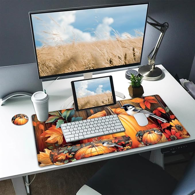 Large Mouse pad and Keyboard Support Set Ergonomic Memory Foam Keyboard Wrist Rest Extended Gaming Mouse Pad with Stitched Edges Fall Pumpkins and Bird XXL Desk Mat (31.5 X 11.8 in)