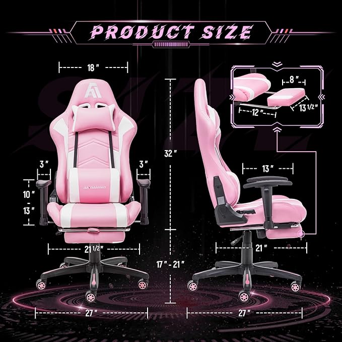 AA Products Gaming Chair Ergonomic High Back Computer Racing Chair Adjustable Office Chair with Footrest Lumbar Support Swivel Chair - WhitePink