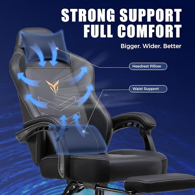 GTPLAYER Gaming Chair with Footrest Recliner Chair with Headrest &amp Lumbar Support Linkage ArmrestErgonomic Gaming Chair 350lbs High Back Office Home Dark Black