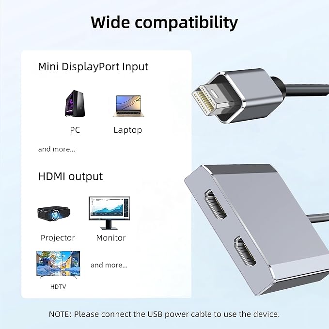 Mini DisplayPort to Dual HDMI Adapter4K@60Hz Mini DP Source to HDMI Splitter Extended Display Adapter for Dual MonitorsDisplay Port Converter for NVIDIA AMD Graphics Card Support MST &amp SST Mode