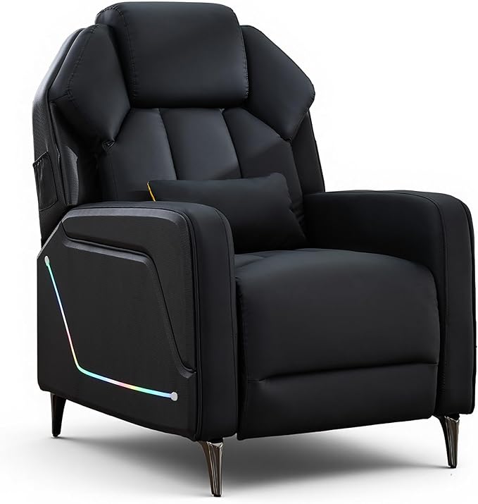 URRED Gaming Recliner Chair with LED Lights Ergonomic Video Game Reclining Chair with Footrest Lumbar Pillow Side Pocket Home Theater Recliner for Living Room Bedroom Gaming Room (Black)