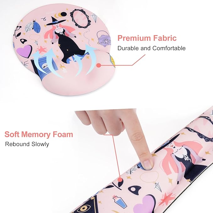 Petmolico Mouse Pad Set with Computer Keyboard Desk PadMouse Pad with Wrist RestTyping Wrist Pad and Cup CoastersErgonomic Design for Typing Pain Relief [PinkHalloween]