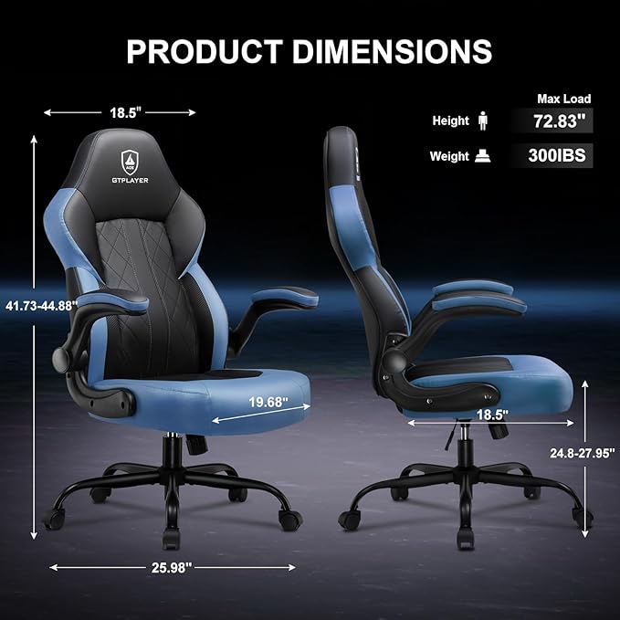 GTPLAYER Video Gaming Chair Ergonomic Computer Gaming Chair with Flip-Up Armrests and Adjustable Height Comfortable Desk Chairs with Built-in Lumbar Support Recliner with 360°Swivel (Blue)