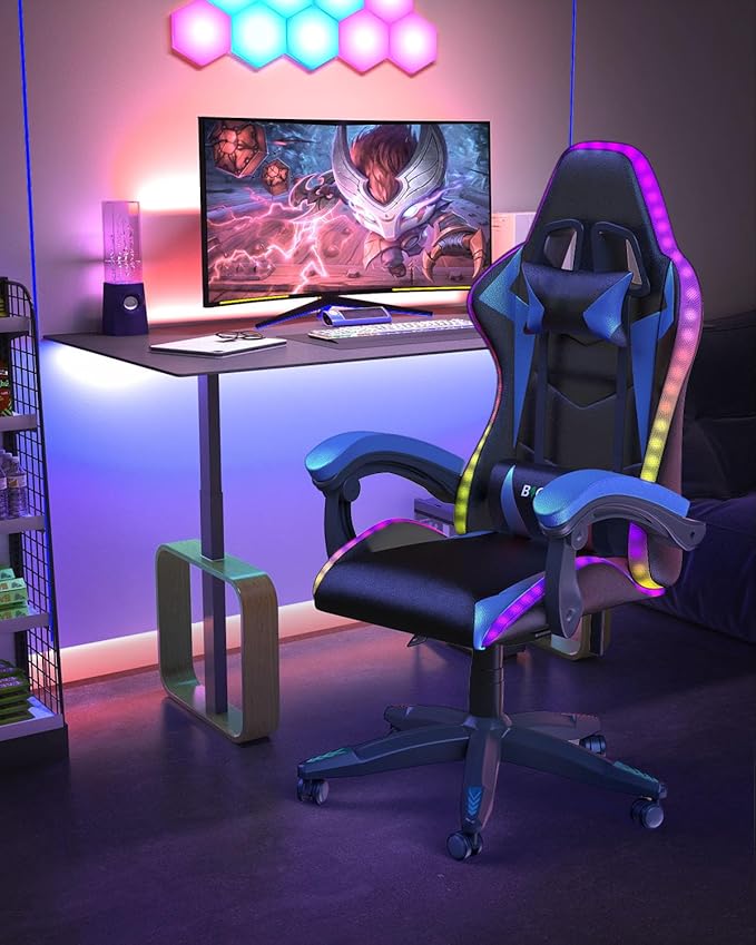 Gaming Chair with RGB LED Lights Ergonomic Computer Chair with Headrest and Lumbar Support PU Leather High Back Height Adjustable Swivel Video Game Chairs for Adults(Blue)