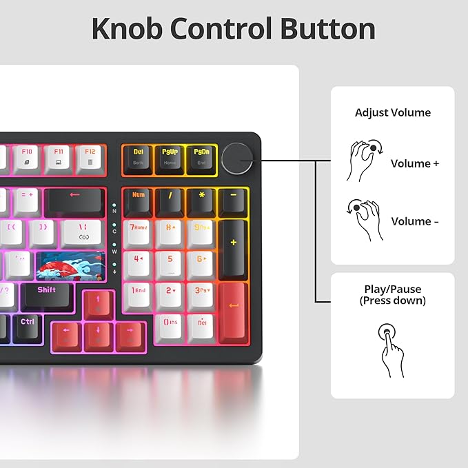 Wired Creamy Gaming Keyboard with Number Pad 96% Hot-swappable Mechanical Keyboard Full Layout Custom Keyboard Gasket Mounted with Red Switch Knob Control(White)