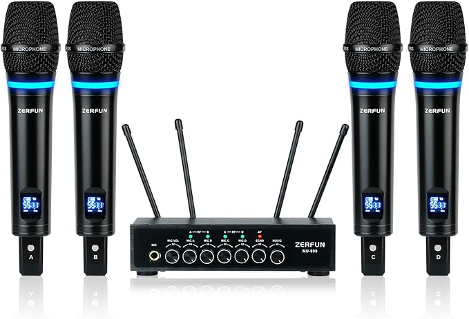 Pro Rechargeable Wireless Microphone System 4 Channel UHF Metal Handheld Wireless Microphones Cordless Mics with Echo Bluetooth VOL Channel Control for Karaoke Singing Church(MU-898)