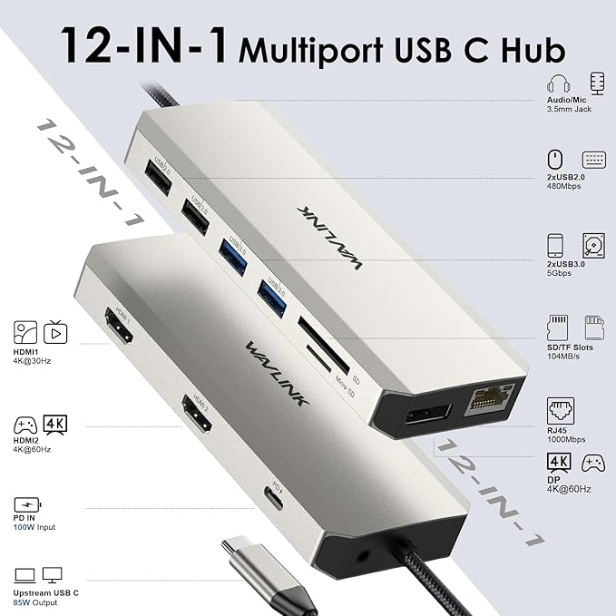 WAVLINK USB C Docking Station Dual HDMI Monitors 12 in 1 Triple Display USB C Hub Multiport Adapter with Dual 4K HDMI 4K DP 100W PD IN 5 USB Ports RJ45 SD/TF Slots Audio/Mic for Macbook/Laptop