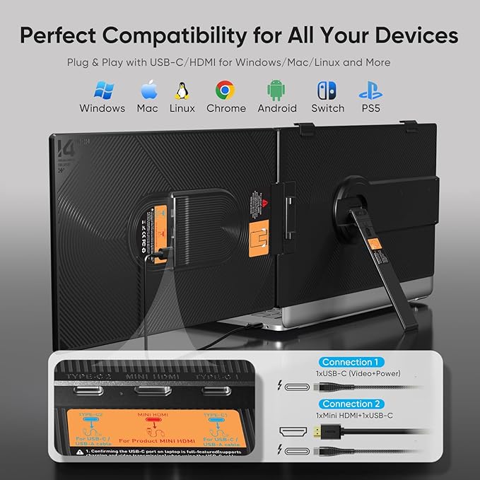 Laptop Screen Extender 14 FHD 1080P Dual Screen Monitor for Laptop Ultra-Light Portable Monitor with USB-C/HDMI Plug &amp Play for Windows/Mac/Chrome/Linux/Android/Switch/PS5