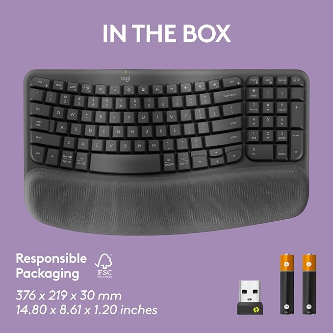 Logitech Wave Keys Wireless Ergonomic Keyboard with Cushioned Palm Rest Comfortable Natural Typing Easy-Switch Bluetooth Logi Bolt Receiver for Multi-OS Windows/Mac - Graphite
