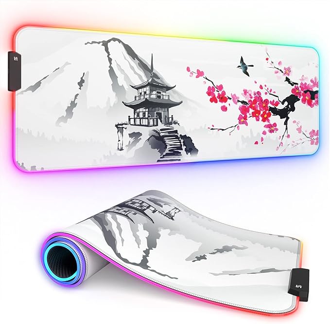 ITNRSIIET RGB Gaming Mouse Pad Full Desk XL Extended Large Gaming Mousepad 12 Lighting Modes 30% Thicker Big LED Desk Mat for Gamers 32 x 12 inches Japanese Mount Fuji Sakura