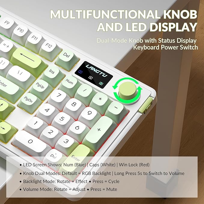 L98 Wireless Gaming Keyboard Green Cute Creamy Keyboard with Number Pad Tri-Mode BT5.0/2.4GHz/USB-C RGB Backlit Quiet Office Computer Keyboards for PC Mac Laptop (Green White)