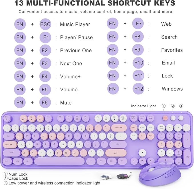 Wireless Keyboard and Mouse Combo Ergonomic Full Size Typewriter Retro Round Keycaps Keyboard Compatible with Windows PC Perfer for Home and Office Keyboards (Purple