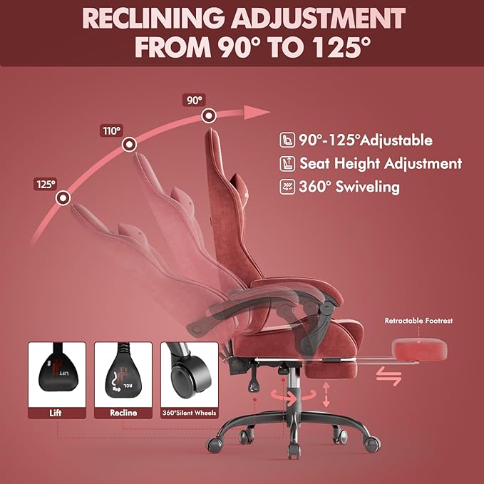 Soontrans Velvet Fabric Gaming Chair for Adult Ergonomic Comfortable Video Gamer Chair with Footrest Reclining Office Computer Desk Game Chairs with Massage Lumbar CushionHeadrest