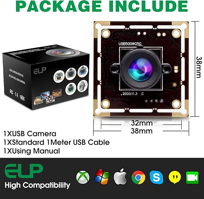 ELP 5mp Wide Angle USB Camera Module for Computer and Raspberry Pi Mini UVC USB2.0 PC Camera 100degree Low Distortion Webcam Board MI5100 Lightburn Camera Laser Engraver Camera for Laptop Jetson Nano