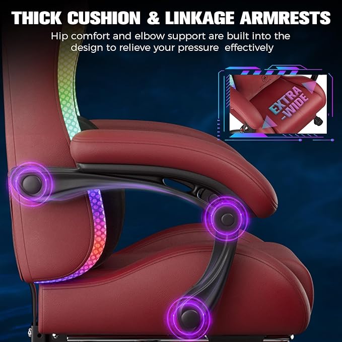 GTPLAYER Gaming Chair Computer Chair with RGB LED Lights High Back Ergonomic Chair for Adults with Footrest Reclining Office Chairs Linkage Armrest Wine Red