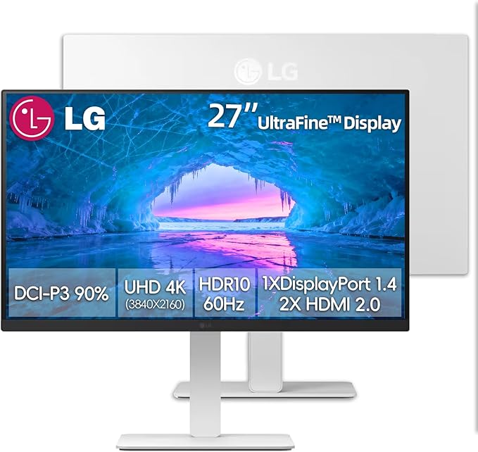 LG 27”Ultrafine UHD (3840 x 2160) 4K IPS Monitor HDR10 90% DCI-P3 Dynamic Action Sync Black Stabilizer &amp Flicker Safe VESA Mountable DisplayPort &amp HDMI Tilt/Height/Swivel/Pivot Adjusta